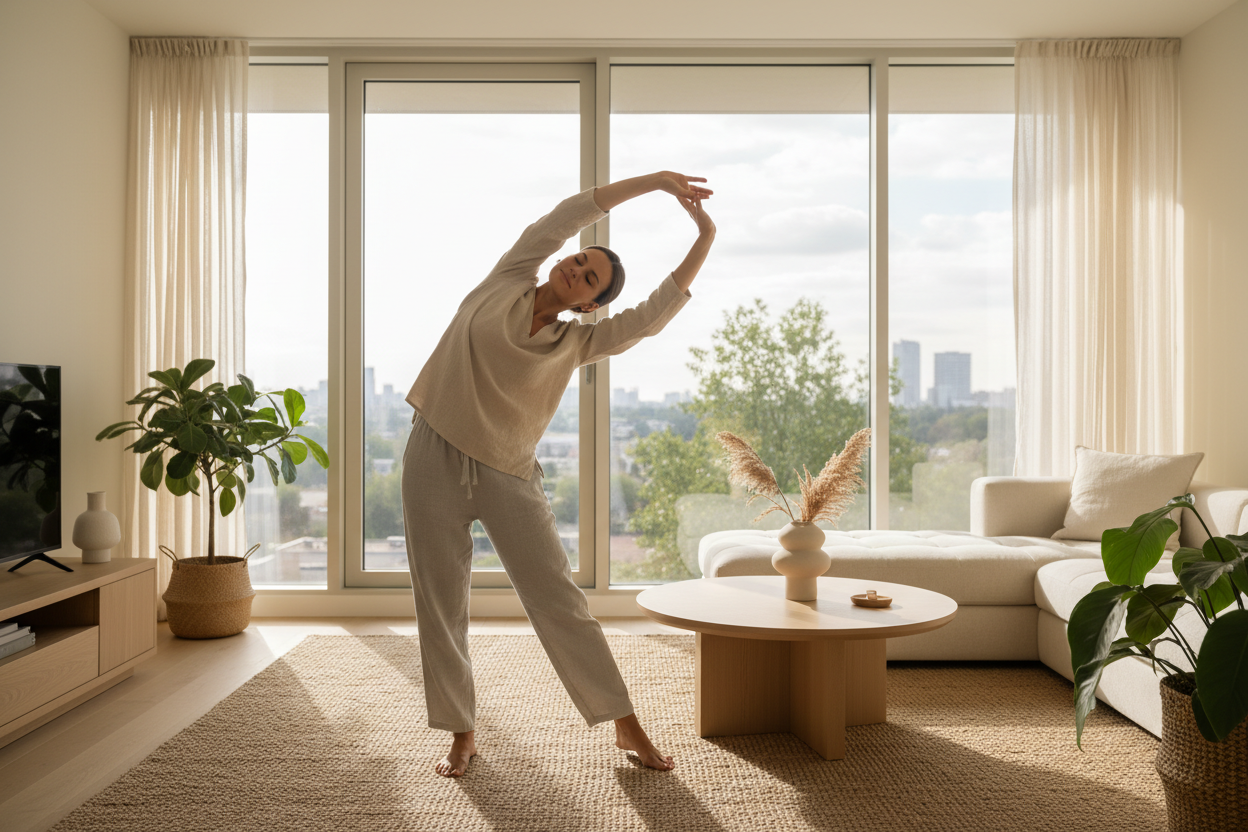 A calm, modern apartment living room with natural light. One person doing light, relaxed movement at home (stretching or casual exercise), wearing neutral clothing. No gym equipment, no intense workout, no sweat. Minimalist, warm tones, peaceful mood. Lifestyle wellness aesthetic, cinematic, realistic, modern DTC brand style.